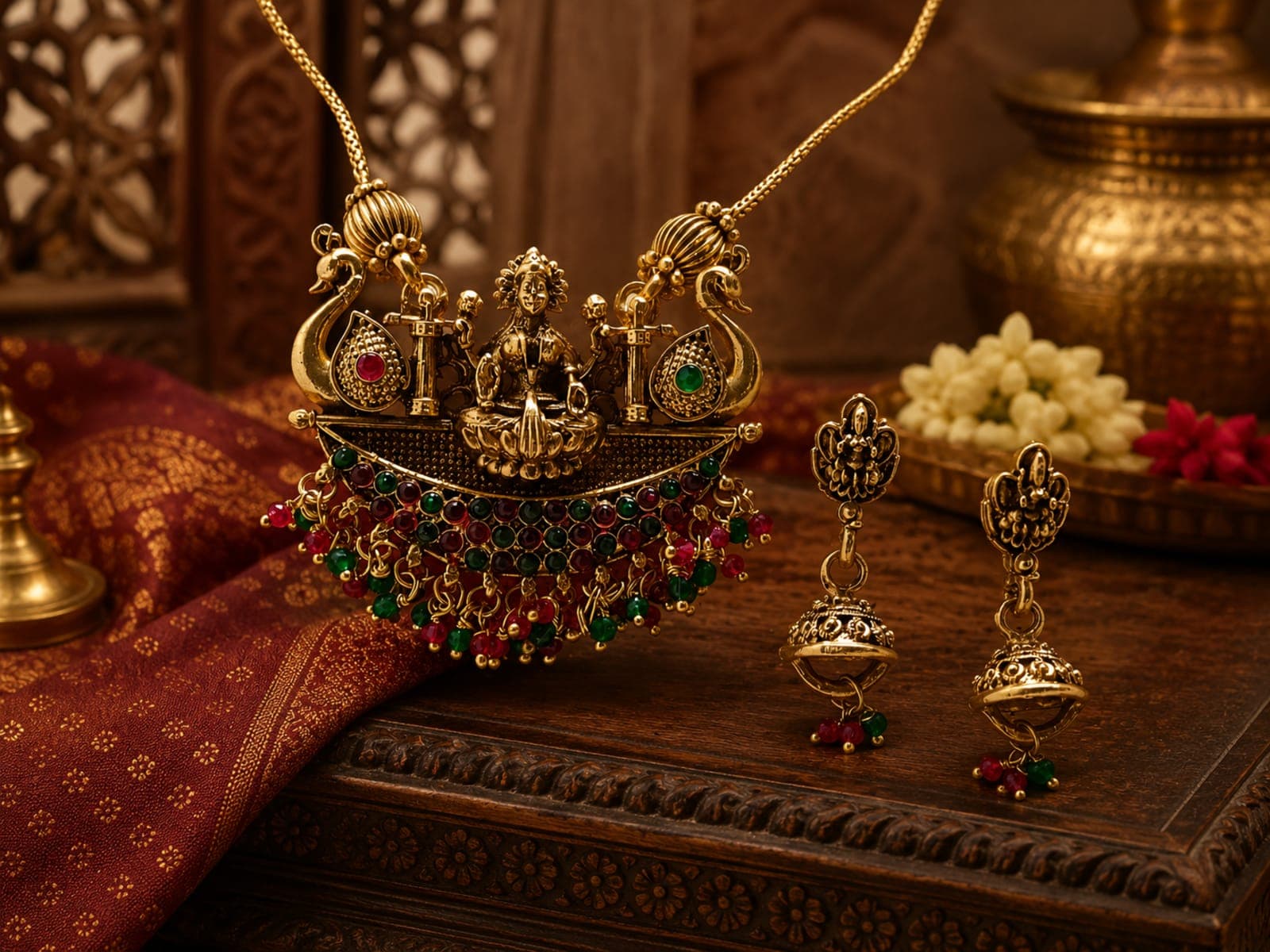 Long haram with green and red stones
